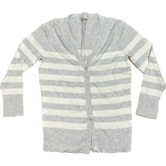 Striped White and Grey Cardigan Sweater Soft - Picture 1 of 7